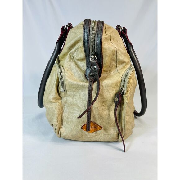 MZ Wallace Jane Glazed Linen Beige Satchel Leather Handles Pockets Large Capac - Picture 3 of 11